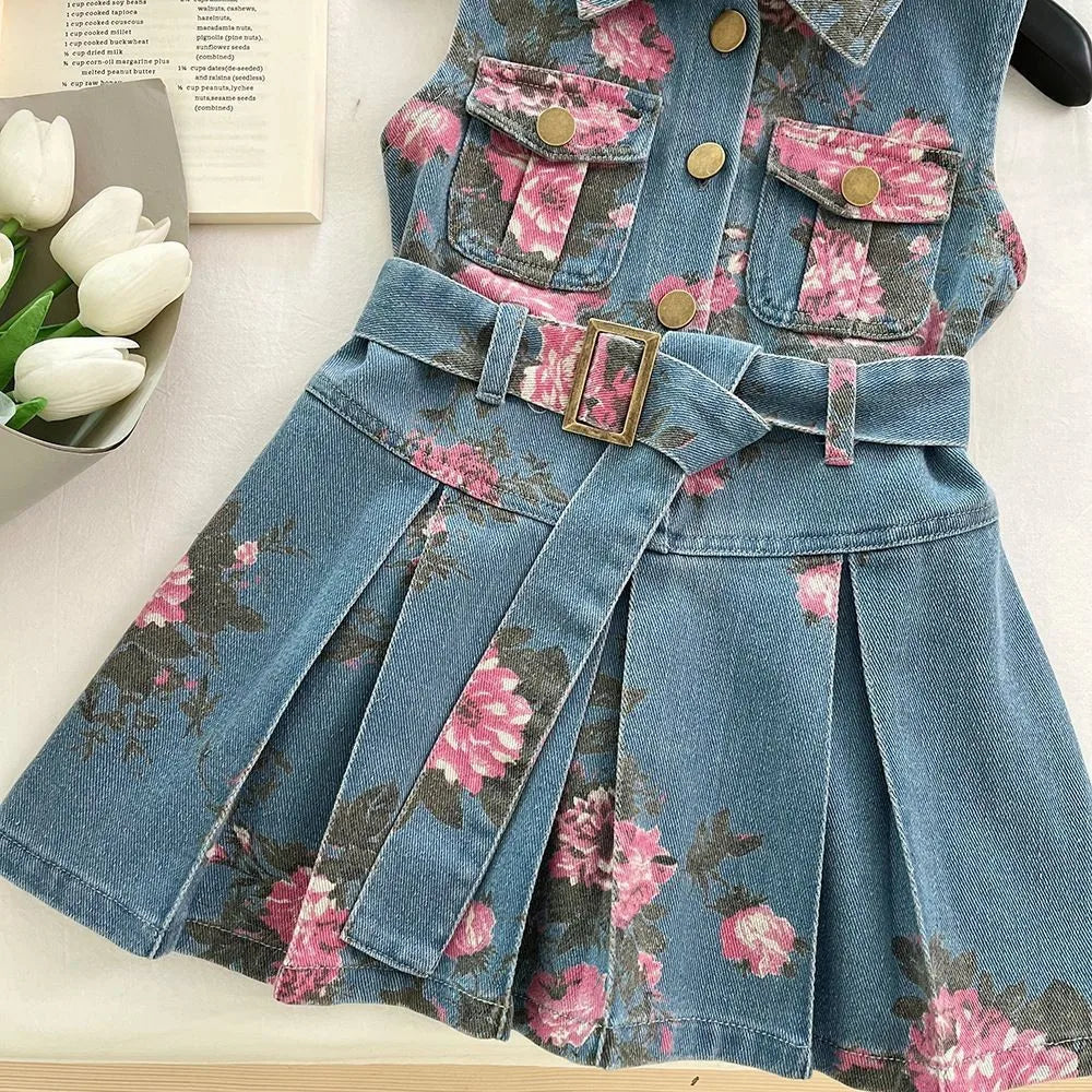 Bear Leader Summer New Korean Version Girls Clothes Lapel and Sleeveless Printed Denim Belt Dress Casual Easter toddler dresses