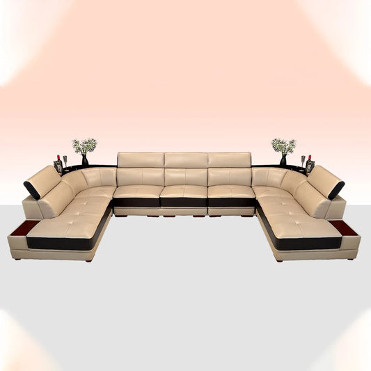 MINGDIBAO Modern Minimalist Genuine Leather Sectional Sofa with Console, Storage and Speaker Italian Leather Living Room Couch