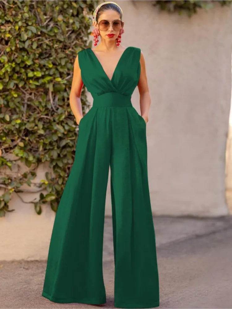 Jumpsuit Women Summer New Sleeveless Sexy Deep V-neck Solid Color High Waist Wide Leg Jumpsuits Elegant Commuting Lady Playsuits - AIAZ