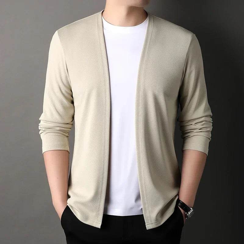 New Men's Casual Solid Color Long Sleeved Cardigan Cloak Spring and Autumn Fashionable Comfortable Top - AIAZ