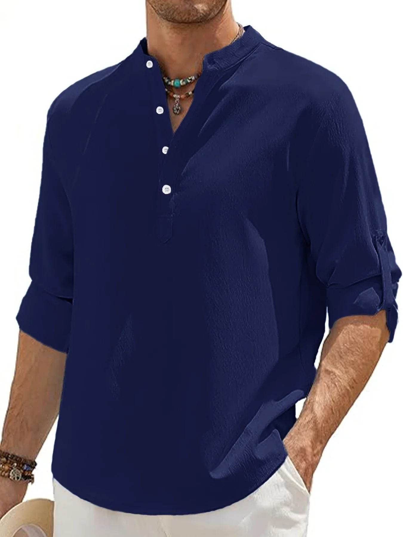 Men's Linen Shirt Summer 2025 Casual Short Sleeve Breathable Stand Collar Loose Fit Trendy Solid Color Youth Top with Pocket - AIAZ