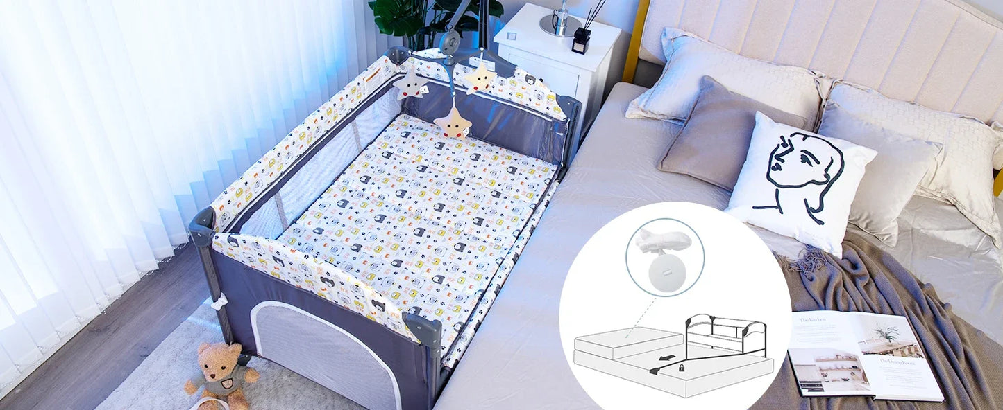 Multifunctional Baby Crib - Convertible Foldable Bed with Detachable Changing Table, Portable Co-Sleeper for Infants
