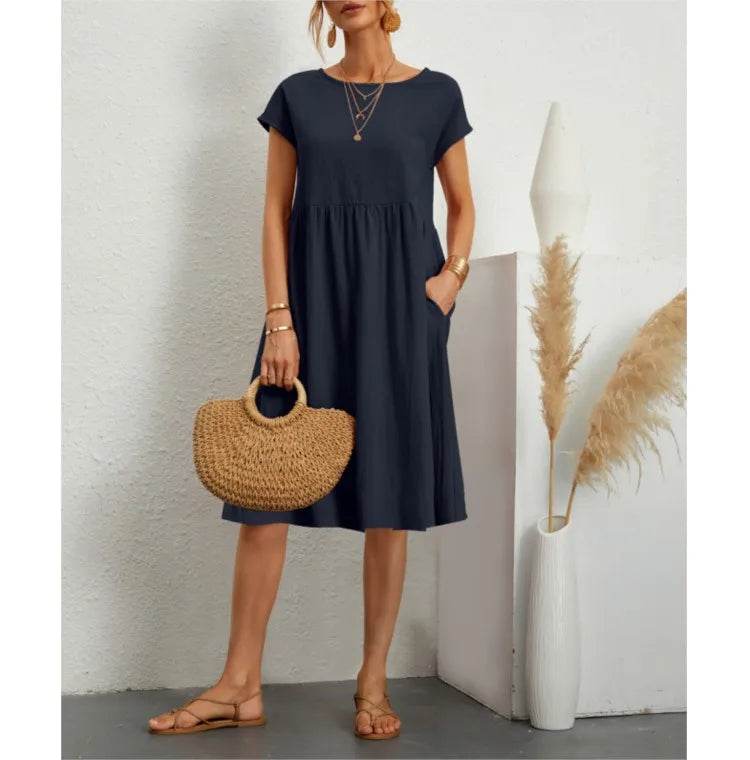 Women's Dresses 2025 Summer Fashion Casual Dresses Women Loose Mid Length Over Knee Dress New Short Sleeve Solid Dress Woman - AIAZ