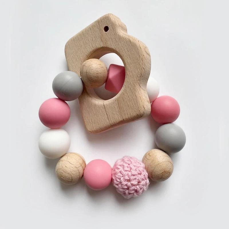 Baby Teether Bracelet Crochet Wood Crafts Engraved Bead Food Grade Silicone Beads Wood Animal Pendant Teething Toys For Rattle