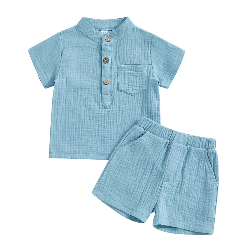 Suefunskry Toddler Boys Summer 2Pcs Casual Outfits Solid Color Short Sleeve Button Tops and Elastic Waist Shorts Sets 6M-4Y