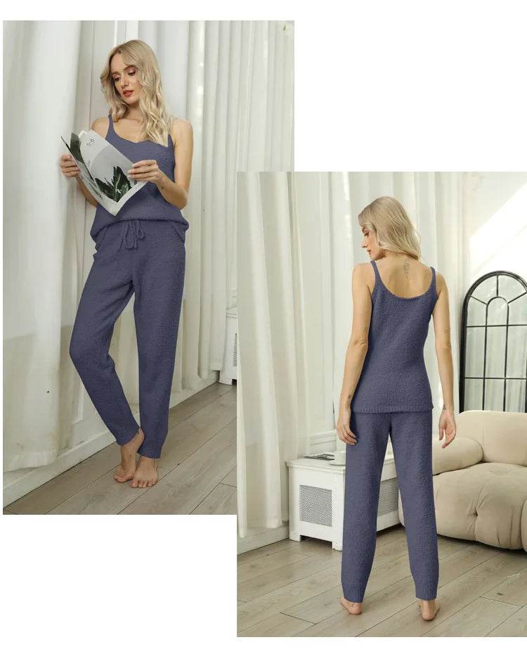 Pajamas for Women Pajama Sets Sexy Knitted Suspender Pajamas Autumn Winter Warm Solid Color Half-edge Velvet Suit Home Clothes - AIAZ