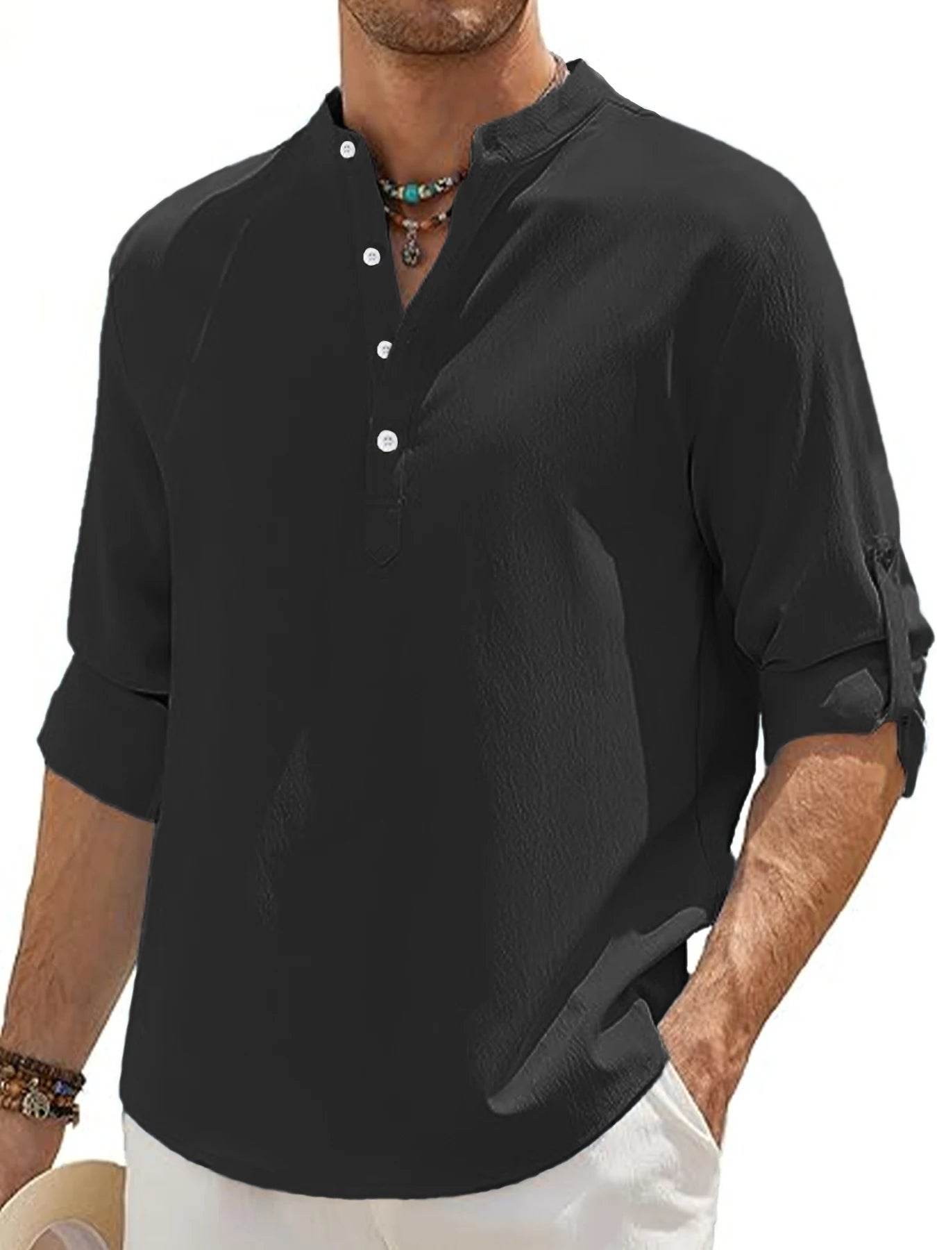 Men's Linen Shirt Summer 2025 Casual Short Sleeve Breathable Stand Collar Loose Fit Trendy Solid Color Youth Top with Pocket - AIAZ