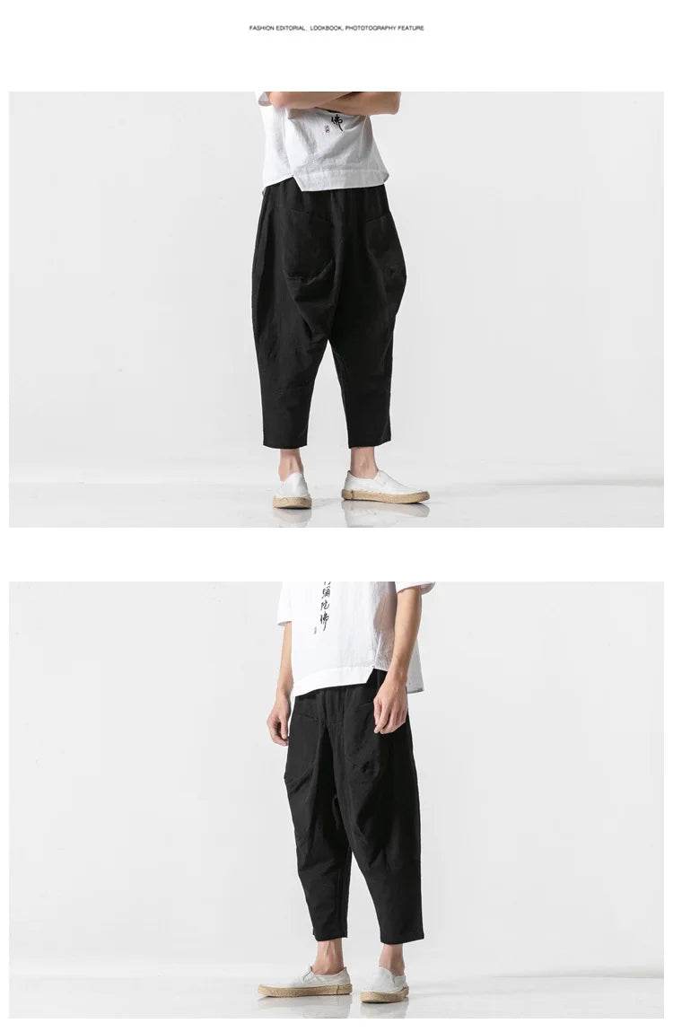 2025 Men Linen Pants Mens Wide Crotch Harem Pants Man Chinese Style Ankle-Length Pants Male Wide-Legged Bloomers Trousers - AIAZ