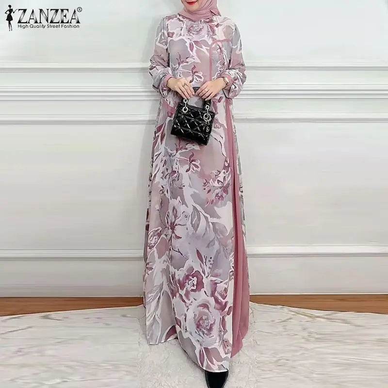 ZANZEA Muslim Fashion Floral Print Maxi Dress Women Elegant Fake Two-Piece Patchwork Abaya Vestidos Islamic Long Sleeve Robes - AIAZ