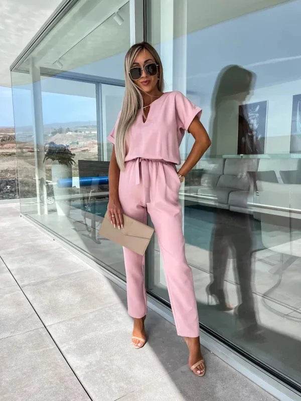 Jumpsuit Women 2023 Solid Color Short Sleeve V-neck Pocket Lace-up Pencil Long Pants Jumpsuits Summer Outfits Bodysuits - AIAZ