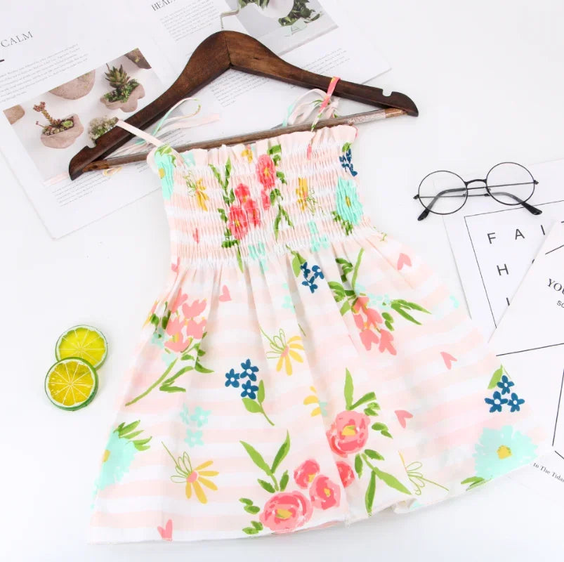 ‌2025 Summer Girls Princess Beach Dress Strapless Floral Print Sleeveless Party Wear Toddler Solid Color Casual Fashion 1-6Y