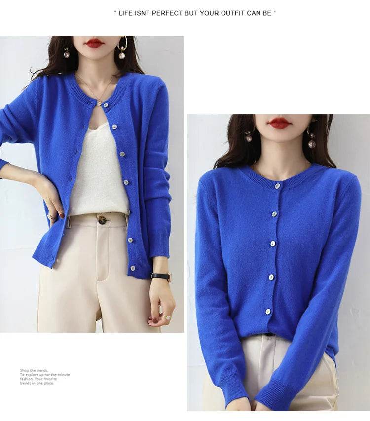 Knitted Cardigan Women's Sweater Autumn And Winter 2022 New Solid Color Coat Round Neck Short Long Sleeve Loose Korean Fashion - AIAZ