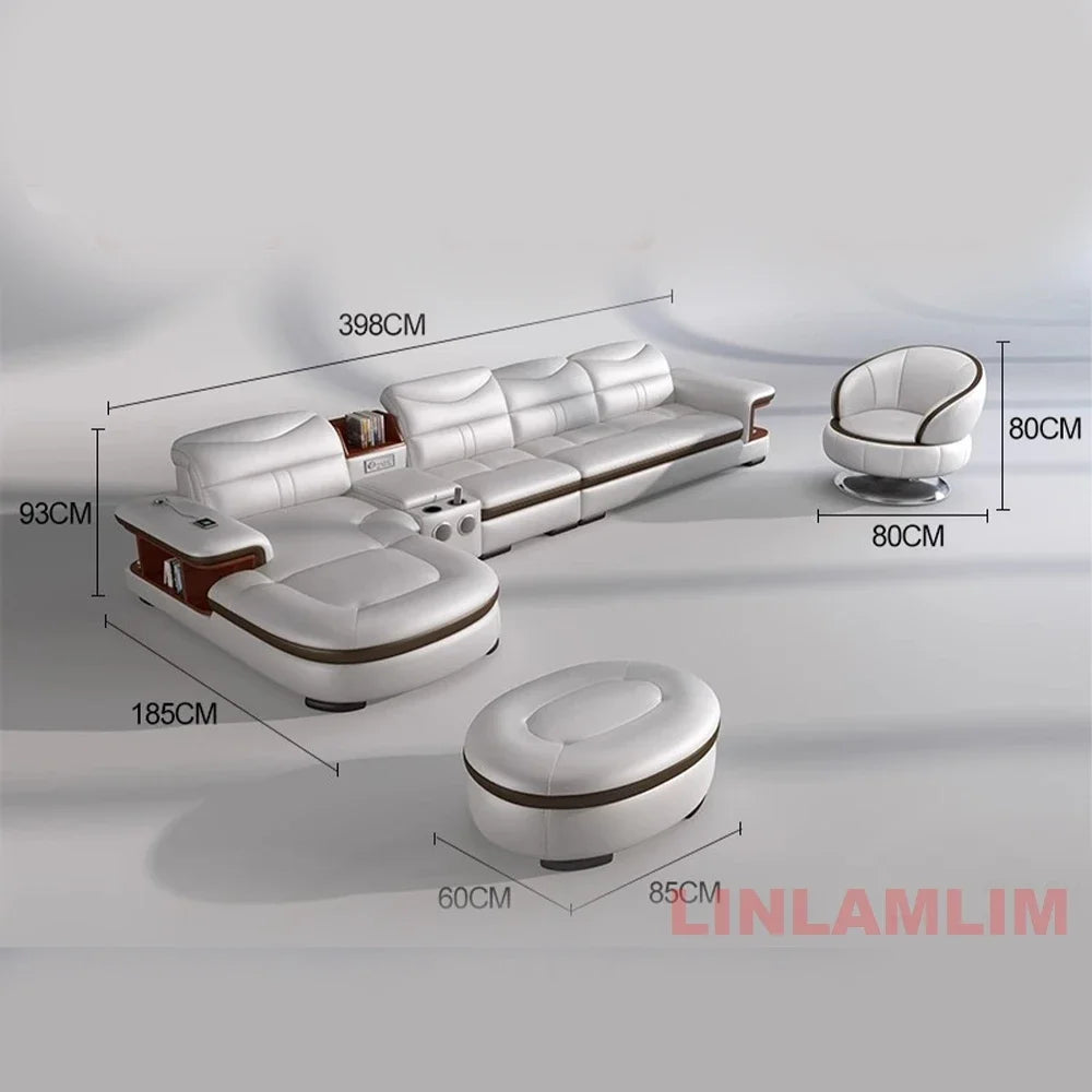 Modern L-Shaped Sectional Sofa with Chaise, Luxury Italian Genuine Leather Couch with adjustable headrest, Storage, USB, Console