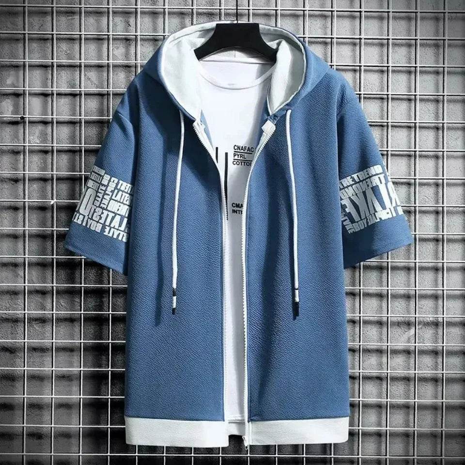 Fashion Men's Hoodies Summer Men Clothing T-shirt Zipper Hood Cartoon Casual T Shirt Print Hooded Top Short Sleeve Men - AIAZ