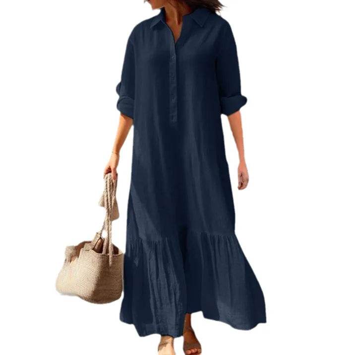 2025 Women's Linen Shirt Dress - Asymmetrical Hem Button Down Casual Dress - AIAZ