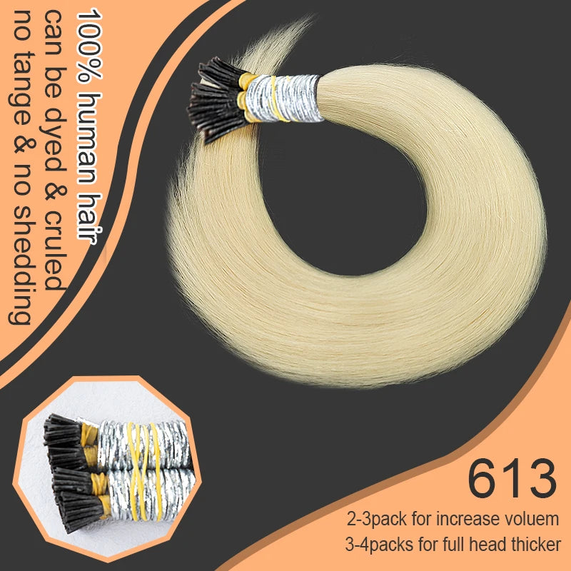 100% Human Hair Straight I Tip Hair Extensions Natural Real Human Fusion Hair Extensions Keratin Capsule Brown 613 Blonde Color