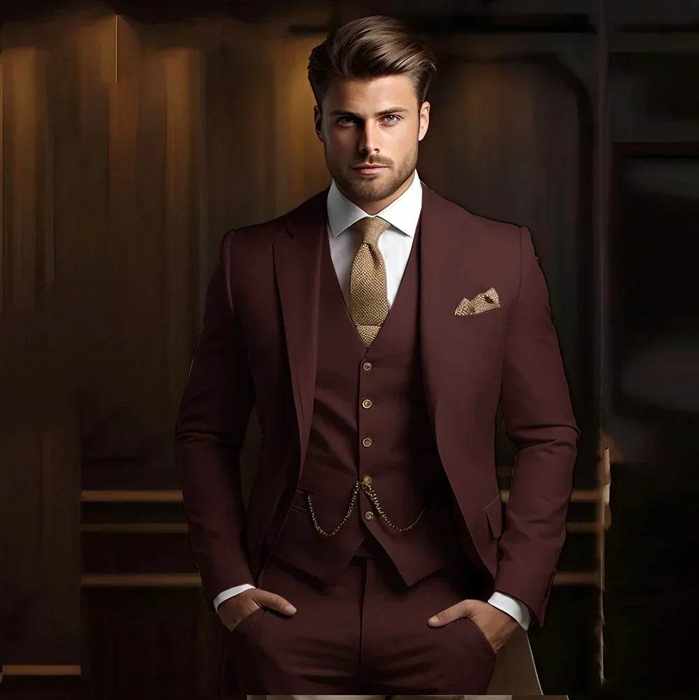 Formal Men's Suits for Groom 3 Pieces Khaki Wedding Groom Tuxedo Slim Fit 2025 Male Fashion Suit Jacket with Pants Vest - AIAZ