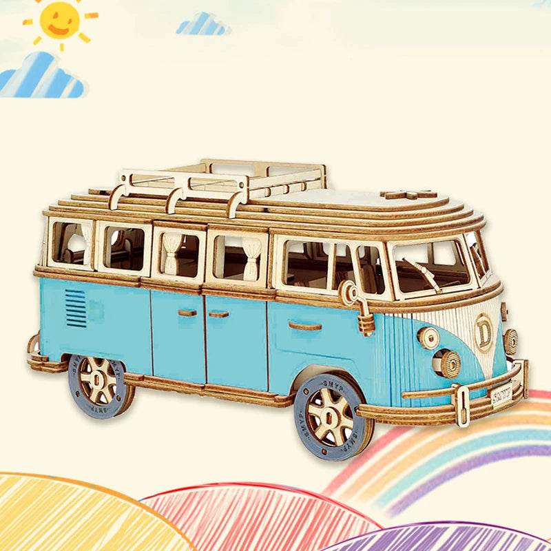 Retro Bus European-style Campervan 3D Wooden Car Puzzle DIY Sailing Ship Airplane Building House Model Jigsaw Toys For Children - AIAZ