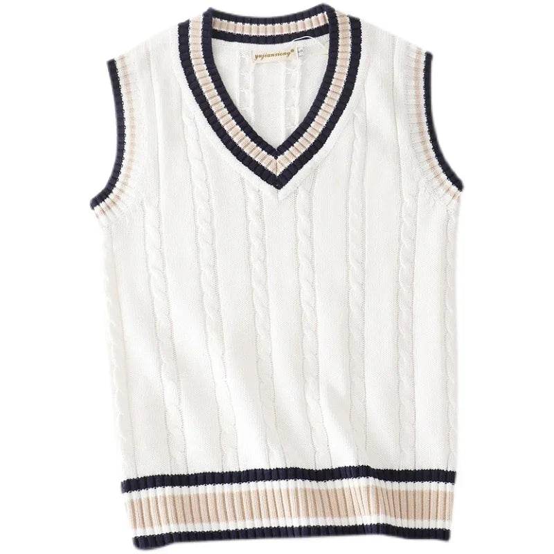 Sweater Vest Men Thicken V-neck Sleeveless Knitted Sweaters Vests Striped Retro Preppy-style Simple Chic Loose Casual All-match - AIAZ