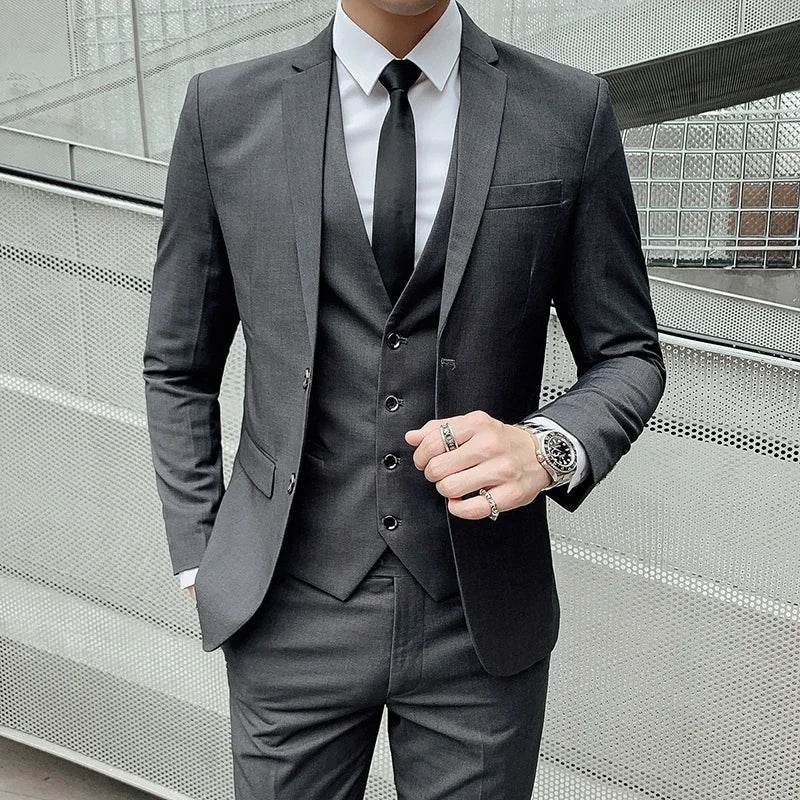 Suit (Blazer+ Vest + Pants) Men's Business Gentleman Fashion Slim Work Solid Color Plus Size Fair Dress Wedding Best Man Suit - AIAZ
