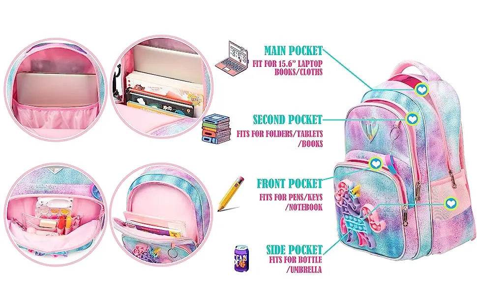 3pcs Kids Backpacks for Girls School Bag with Lunch Box Set Cute Bookbag for Primary School - AIAZ