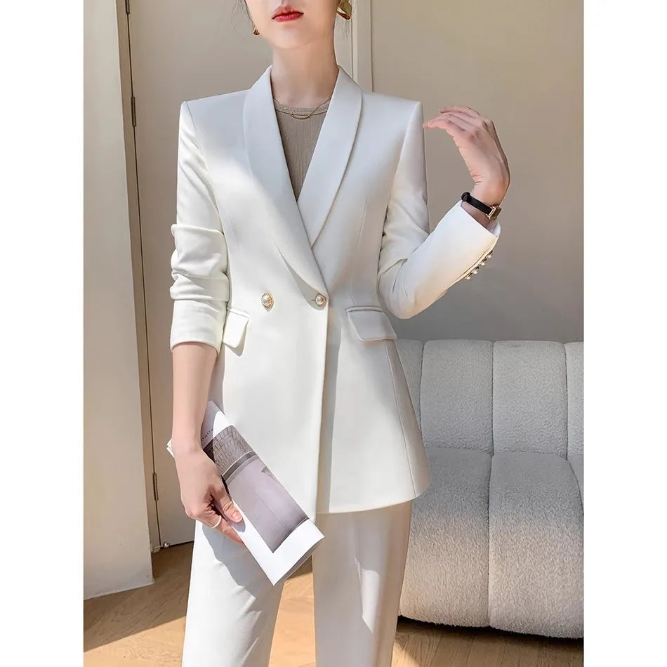 Solid White Suit Women 2025 New Spring Autumn Flares Pants High-Grade Slimming Business Clothing Sets Formal Suits Overalls