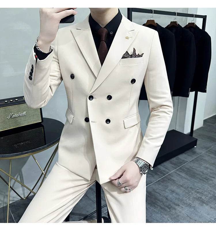 Jackets + Pants / Groom's Wedding Dress Best Fashion Mans Double -breasted Suit Blazer Trousers Male Formal Business Office Suit - AIAZ