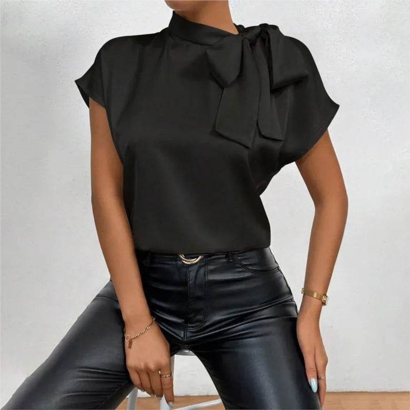 Women Shirt Fashion Bow Satin T-shirt Female Short Sleeve Solid Color All-match Pullover Tee Women's Temperament Summer Tops - AIAZ