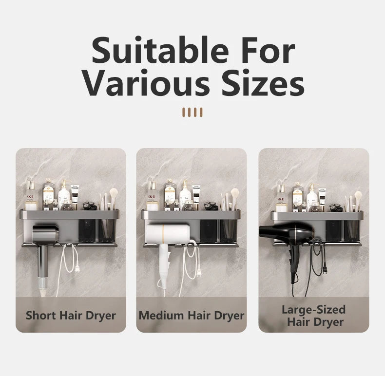 Hair Dryer Holder No punching Wall Mounted Bathroom Shelf Makeup Storage Organizer With Storage Box Aluminum Hair Dryer Rack