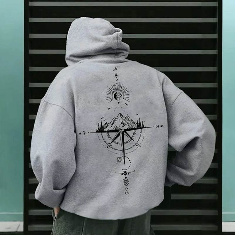 Vintage Compass Print Hoodies for Men High Quality Hooded Long Sleeve Pullover All Season Daily Casual Sports Tops Men's Clothes - AIAZ