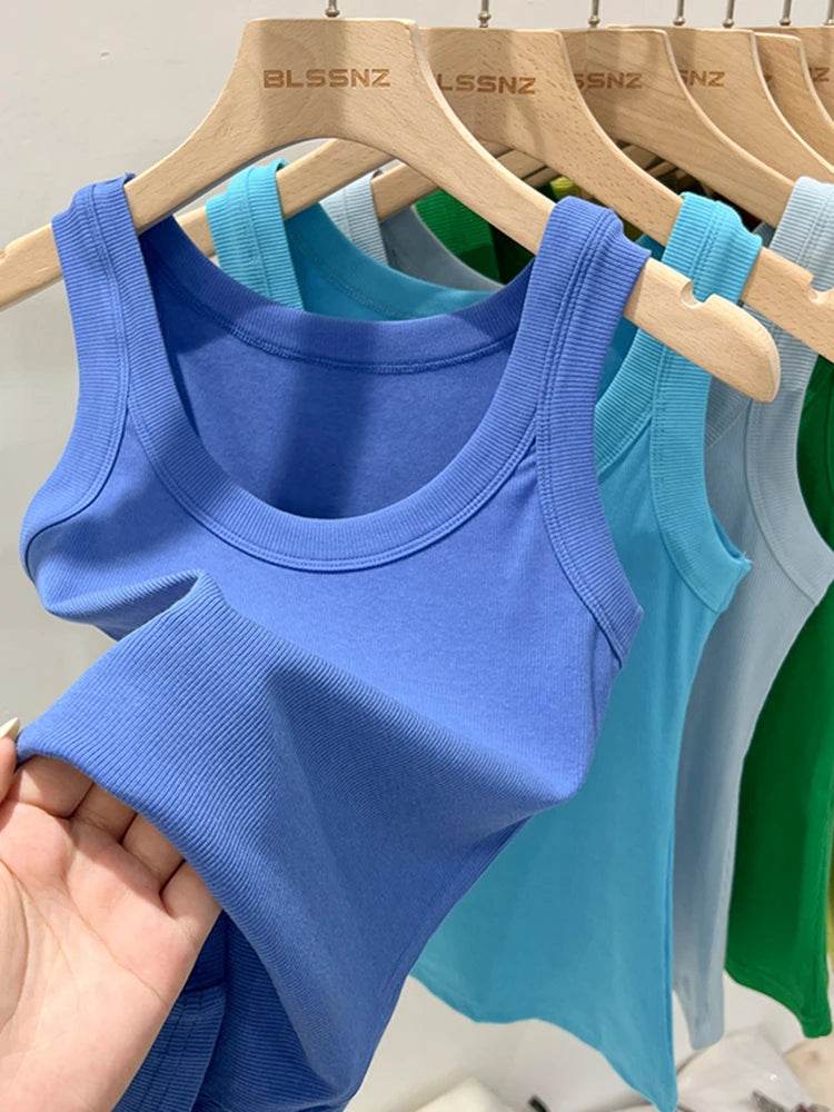 Women Solid Round Neck Ribbed Tank Top Camisole Women 2025 Summer Basic Elastic Tank Top O Neck Solid Tank Top - AIAZ