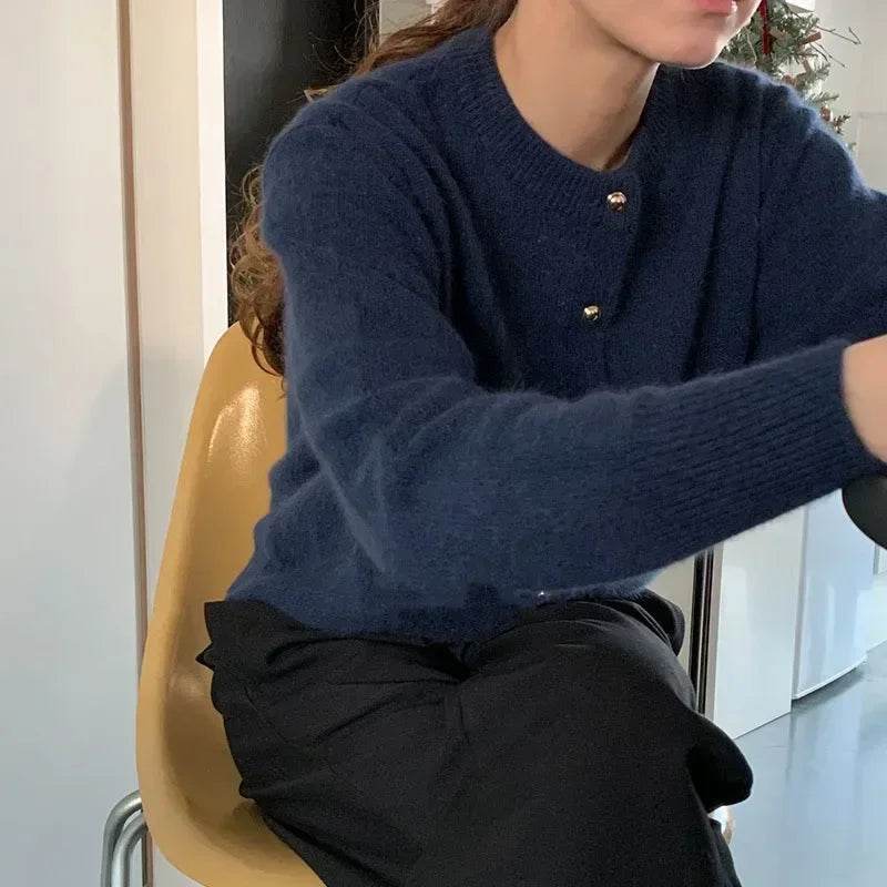 Knitted Cardigan women's 2023Spring New Korean Loose Solid Color Round Neck Sweater Coat - AIAZ
