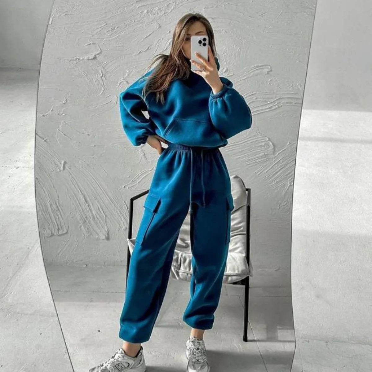 Hoodies Suit Winter Autumn Solid Casual Tracksuit Women Fleece 2 Pieces Set Sports Sweatshirts Pullover Jogger Sweatpants Outfit - AIAZ