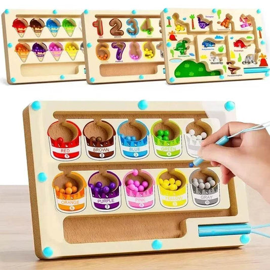 Montessori Magnetic Color Sorting Games Maze Board Pen Moving Bead Games Wooden Control Sensory Play Educational Toys for Kids - AIAZ