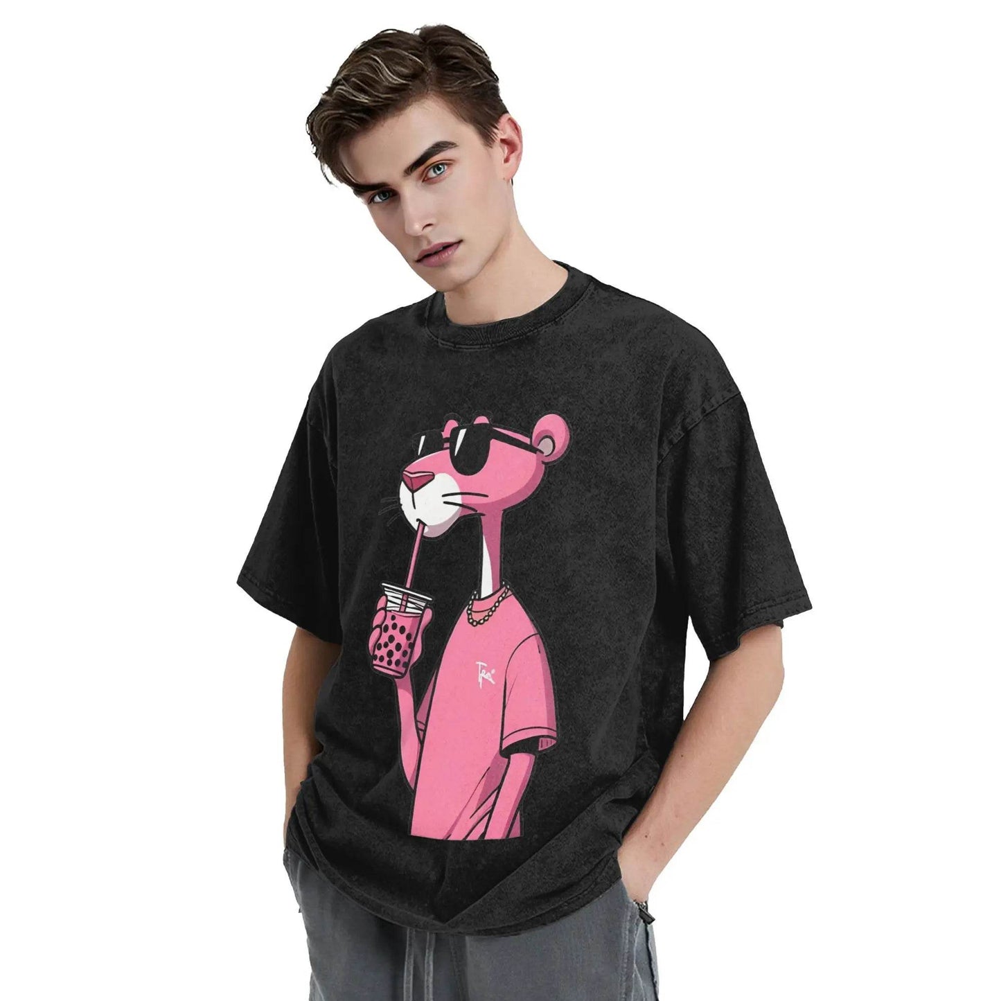 Men's T Shirt Pink-Panthers Drinking Washed T-Shirts Hippie Beach Tee Shirt Y2K Funny Design Casual Clothing Hot Sale - AIAZ