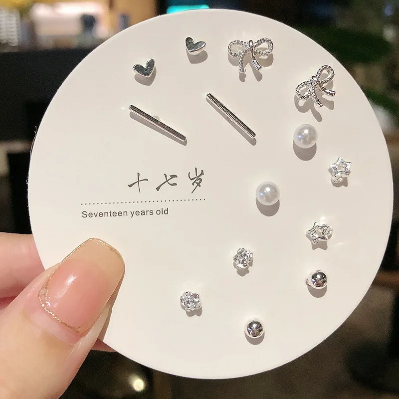 7 Pair/Set Korean Silver Color Fashion Geometric Female Small Earrings Multiple Pairs of Butterfly Cute Stud Earrings Jewelry