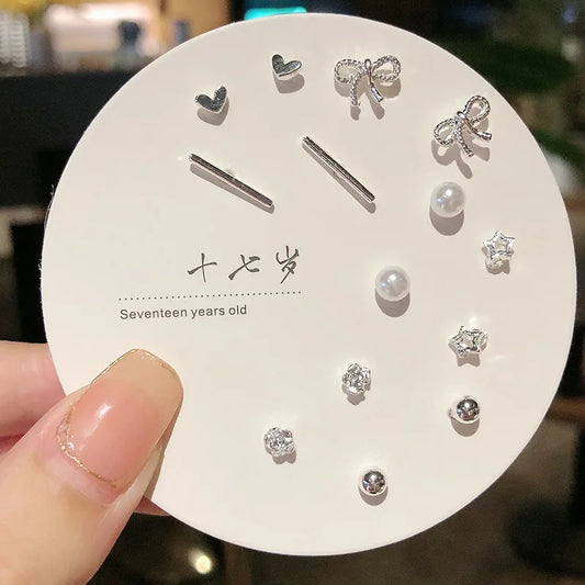 7 Pair/Set Korean Silver Color Fashion Geometric Female Small Earrings Multiple Pairs of Butterfly Cute Stud Earrings Jewelry
