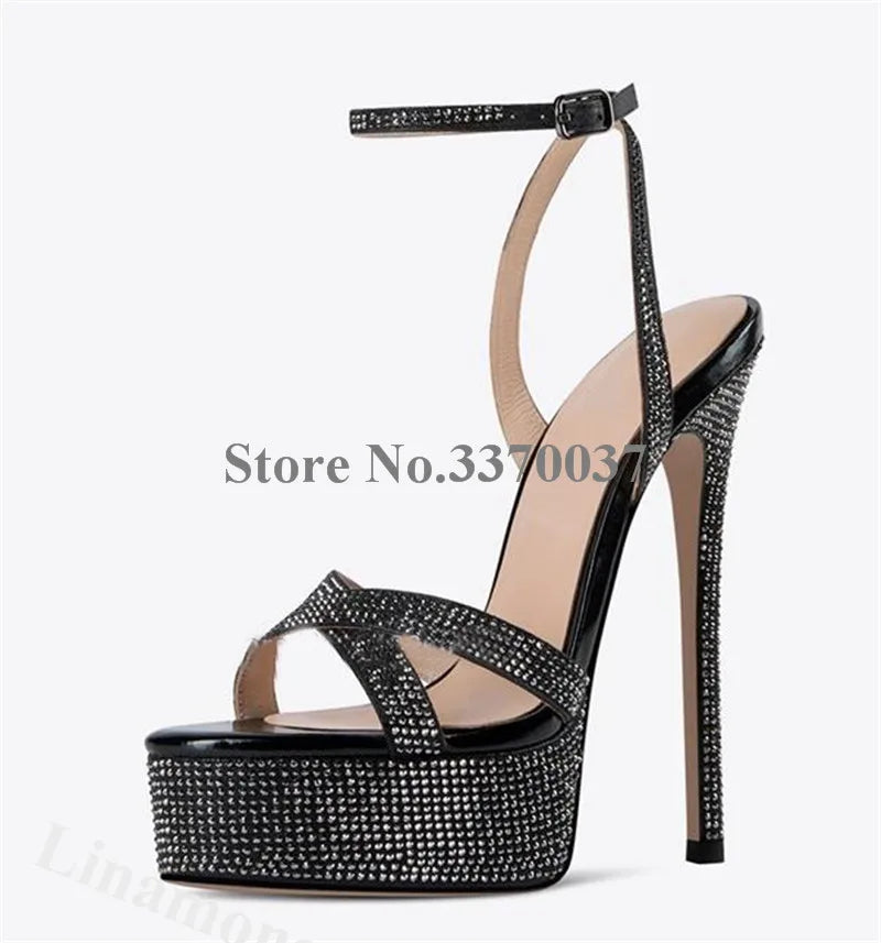 Bling Bling Rhinestones Sandals Linamong Charming Black Silver Crystals Platform Stiletto Heel Dress Shoes Wedding Party Heels
