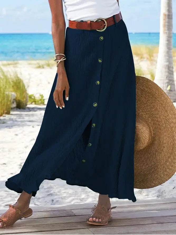 Women Skirt 2025 Spring Summer New Fashion Casual Cotton And Linen Solid Color Buttons Skirt Split A- Line Hip Waist Long Skirt - AIAZ