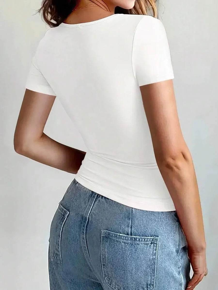 Summer Women's Tops Causal Basic T-Shirts Scoop Neck Short Sleeved Crop Tops Cute Slim Fit Tees Pullovers Clothing Y2K 2025 New - AIAZ