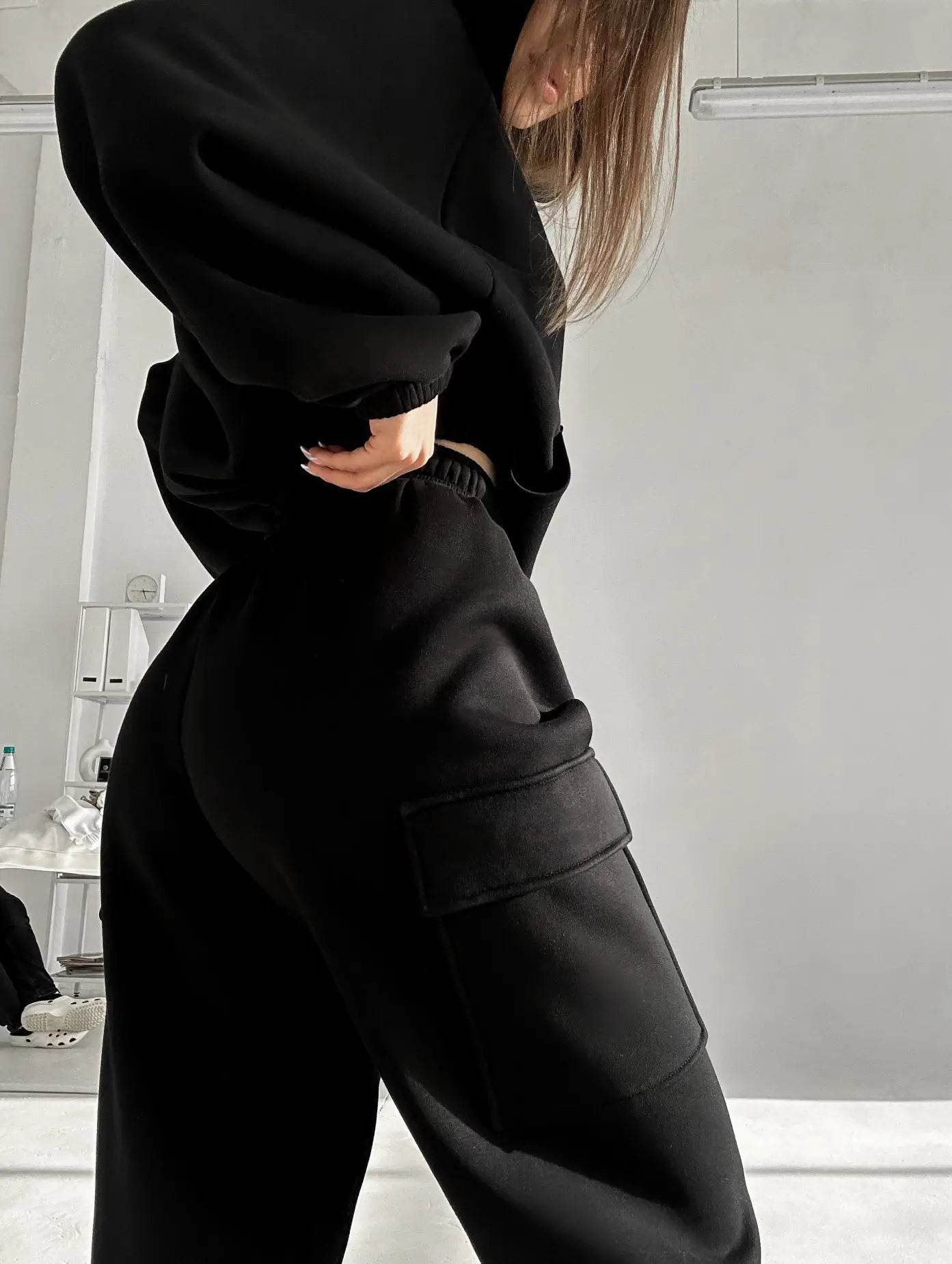 Hoodies Suit Winter Autumn Solid Casual Tracksuit Women Fleece 2 Pieces Set Sports Sweatshirts Pullover Jogger Sweatpants Outfit - AIAZ
