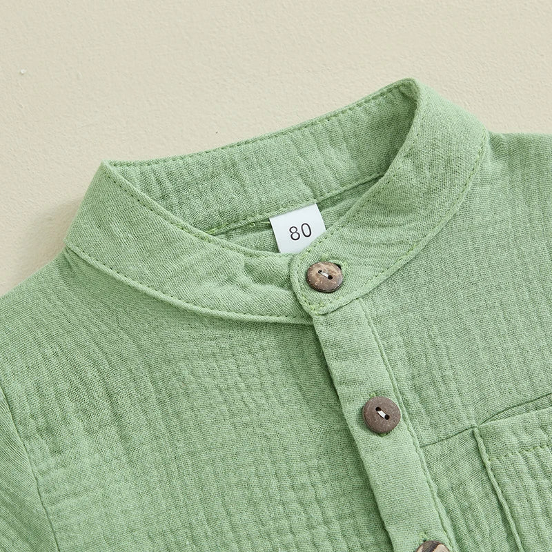 Suefunskry Toddler Boys Summer 2Pcs Casual Outfits Solid Color Short Sleeve Button Tops and Elastic Waist Shorts Sets 6M-4Y