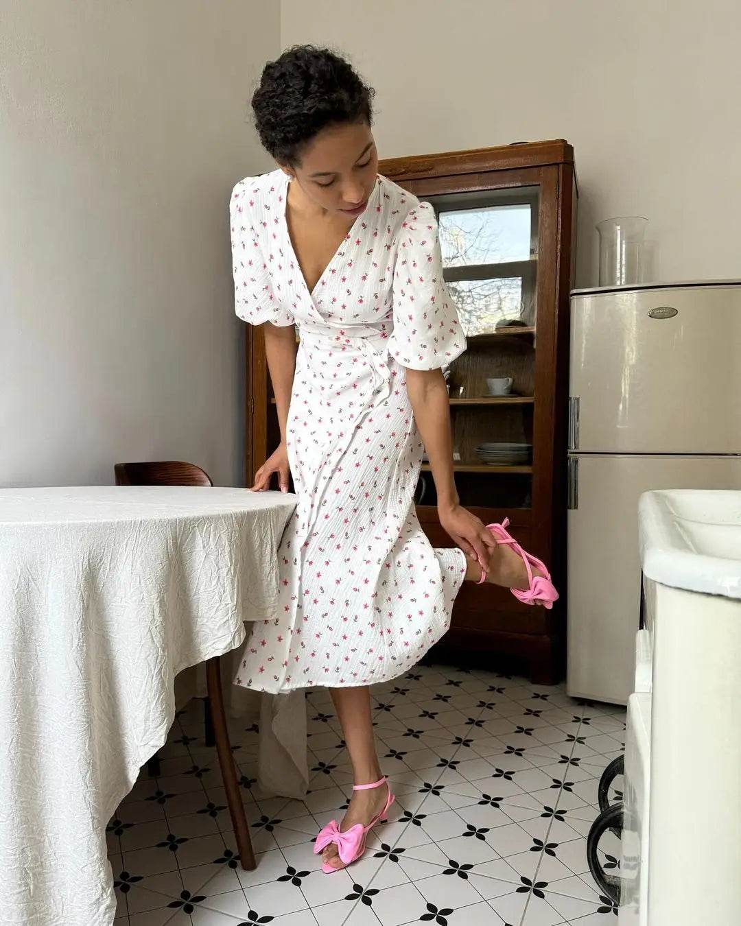 Bornladie Women Psrinted Lace Up Dress Summer Short Sleeve Fashion Office Lady Long Dress 100% Cotton Daily Casual V-neck Skirt - AIAZ