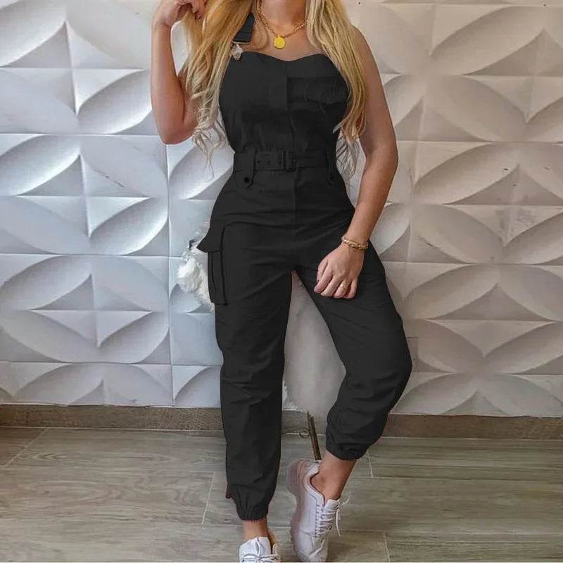Women's Workwear Jumpsuits Summer Casual Simple Sleeveless Strap High Waist with Belt Fashion Solid Female Bound Feet Jumpsuits - AIAZ