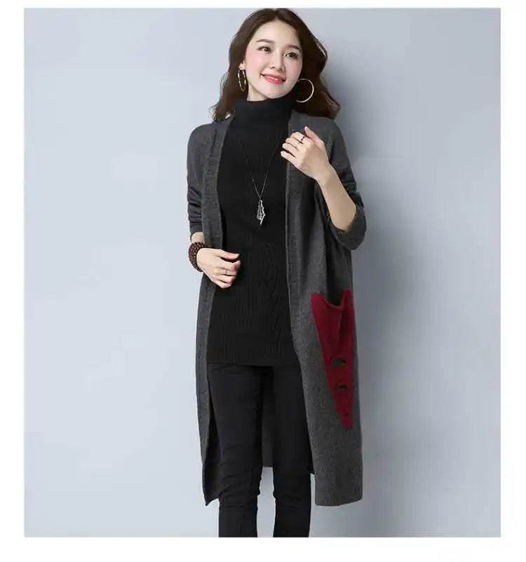 Knitted cardigan women's mid length westernized top autumn and winter new Korean version loose sweater age reducing jacket women - AIAZ