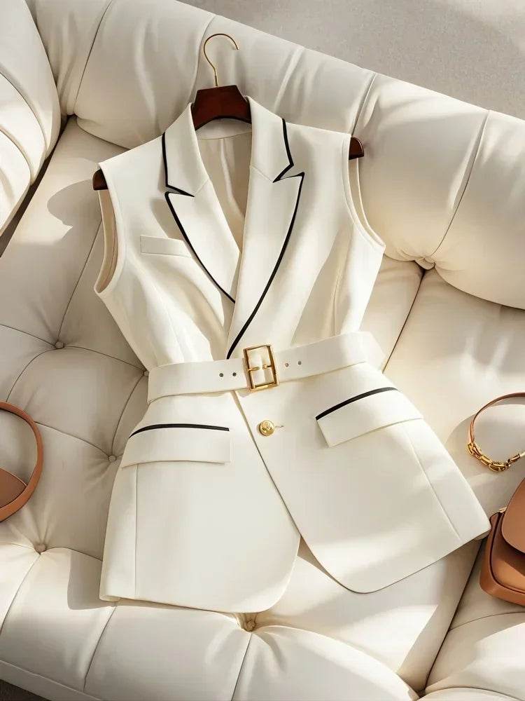 French Elegant Fashion White Suit Vest Women Clothing Summer New High Waist Elegant Slimming Sleeveless Coat Office Lady Clothes - AIAZ