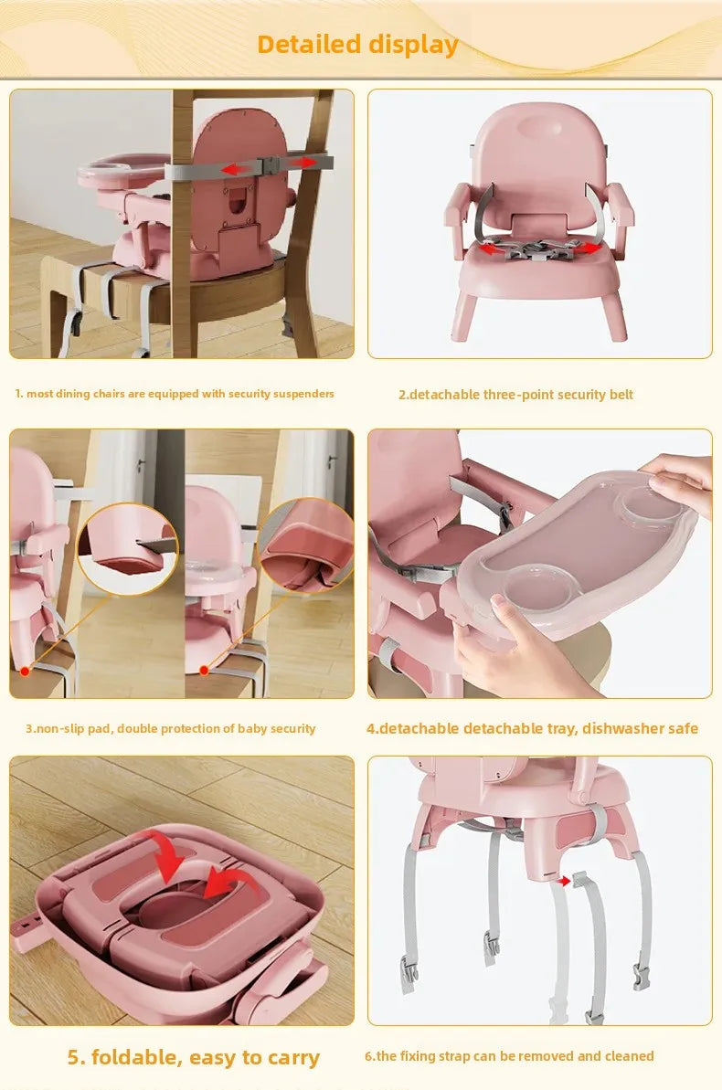 Foldable Baby Dining Chair - Adjustable Height Portable Highchair with Anti-Slip Base & Safety Harness for Home/Restaurant Use