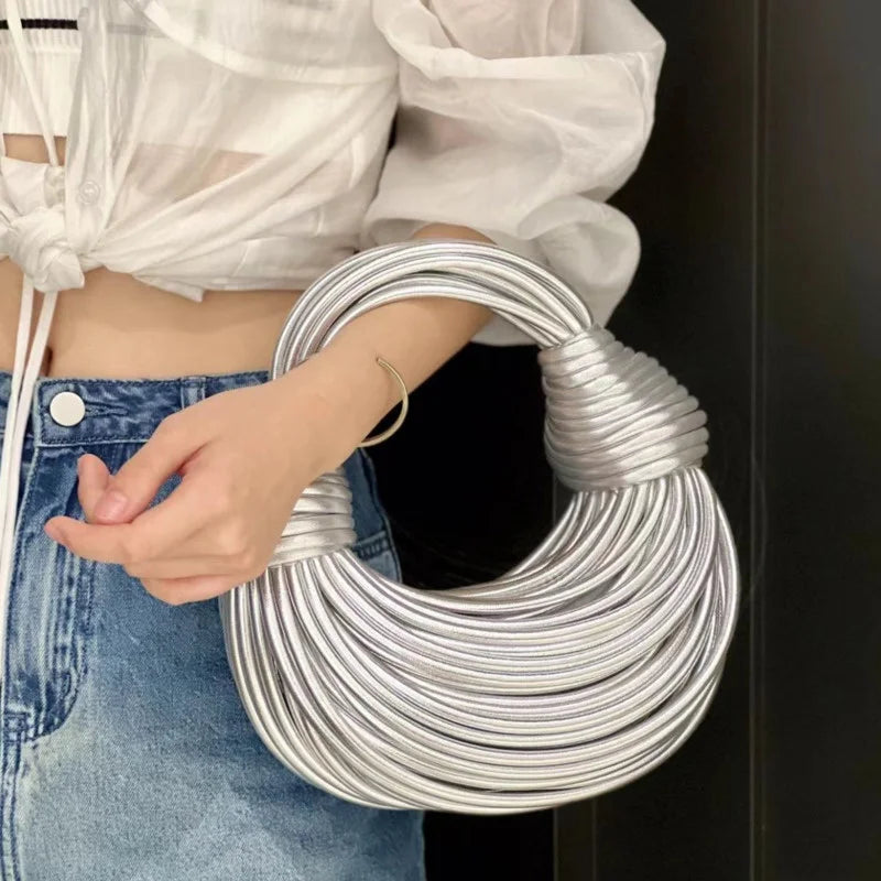 Handbags for Women 2025 New Gold Luxury Designer Brand Handwoven Noodle Bags Rope Knotted Pulled Hobo Silver Evening Clutch Chic