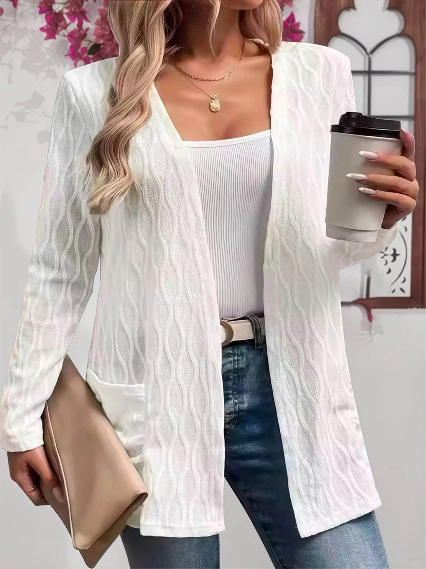 Comfy Fall Cardigan for Women, Casual Elegant Solid Textured Fabric Pocket Front Open Women's Loose Cover Up - AIAZ