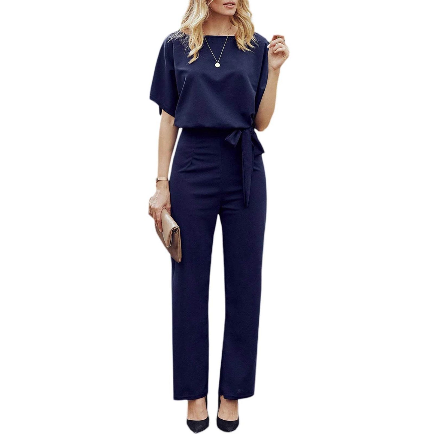 Women's clothing summer 2024 Jumpsuit, Elegant Short Sleeve Hollowed Waist Tie Solid Summer Wide Leg Pants - AIAZ